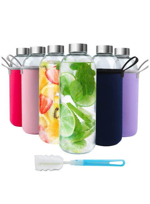 6Pack 32oz Glass Water Bottle Caps & Sleeve, Reusable Lids, Durable Refillable Juice Bottles for Juicing, Smoothies, Travel & Daily Use