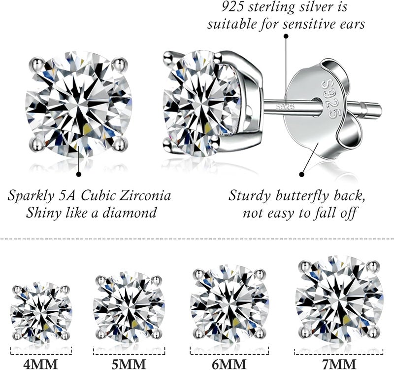Fcebsty Store 925 Sterling Silver Stud earrings Set | White Gold Plated Hypoallergenic Stud Earrings | Cubic Zirconia Stud Earrings for Women (2mm,3mm,4mm,5mm,6mm,7mm) 8 CZ colors options - Image 4