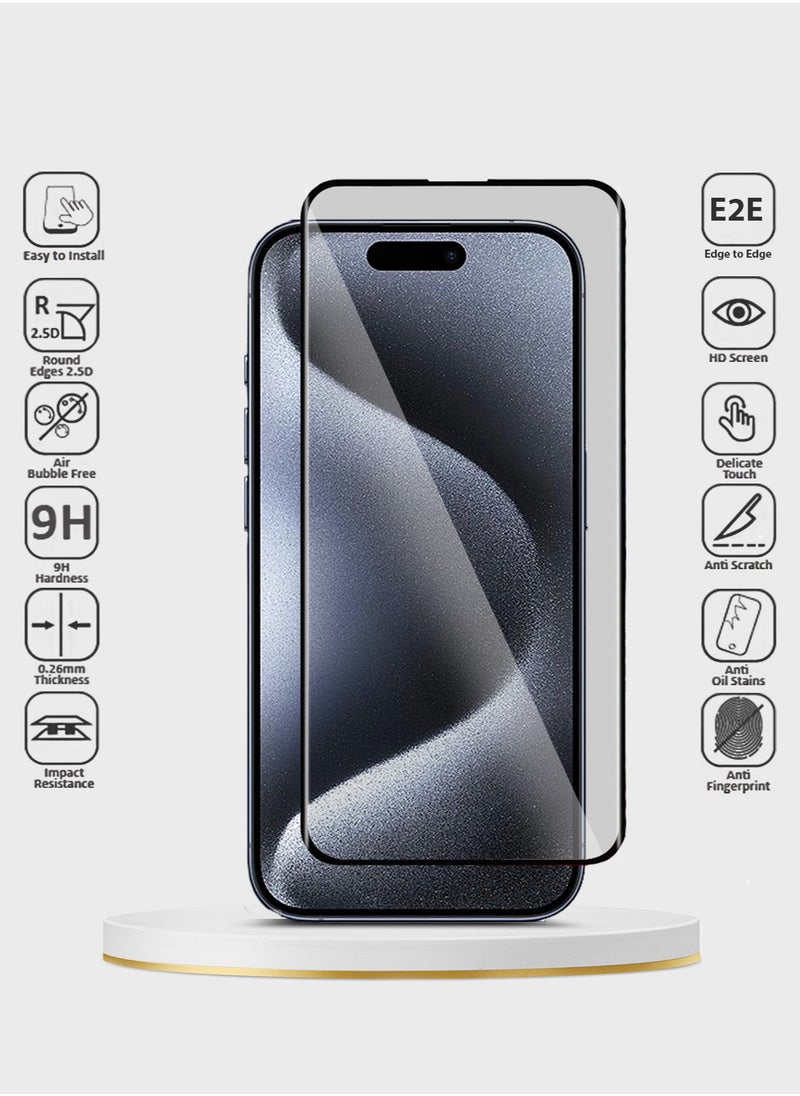 Wtech Apple iPhone 15 Pro 2023 Premium E2E Full Glue Full Cover Tempered Glass Screen Protector (MSGECN) - Clear/Black  - Image 2