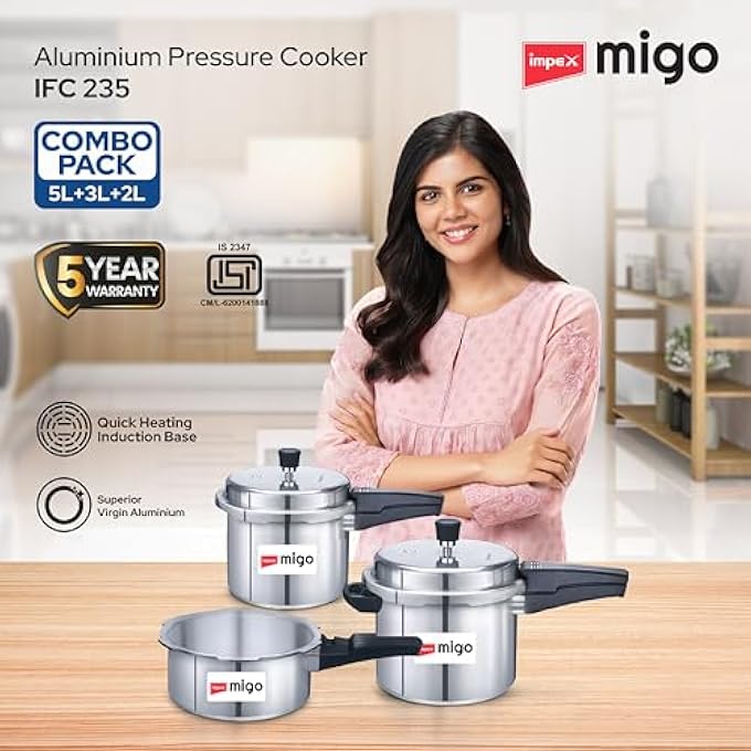 Impex Aluminium Pressure Cooker Combo With Outer Lid Induction And Gas Stove Compatible Pressure Cooker For Healthy Cooking 5 Years Warranty 2 Litres 3 Litres And 5 Litres Silver - Image 3