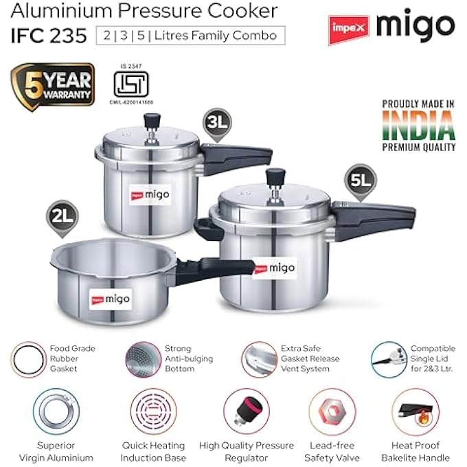 Impex Aluminium Pressure Cooker Combo With Outer Lid Induction And Gas Stove Compatible Pressure Cooker For Healthy Cooking 5 Years Warranty 2 Litres 3 Litres And 5 Litres Silver - Image 4