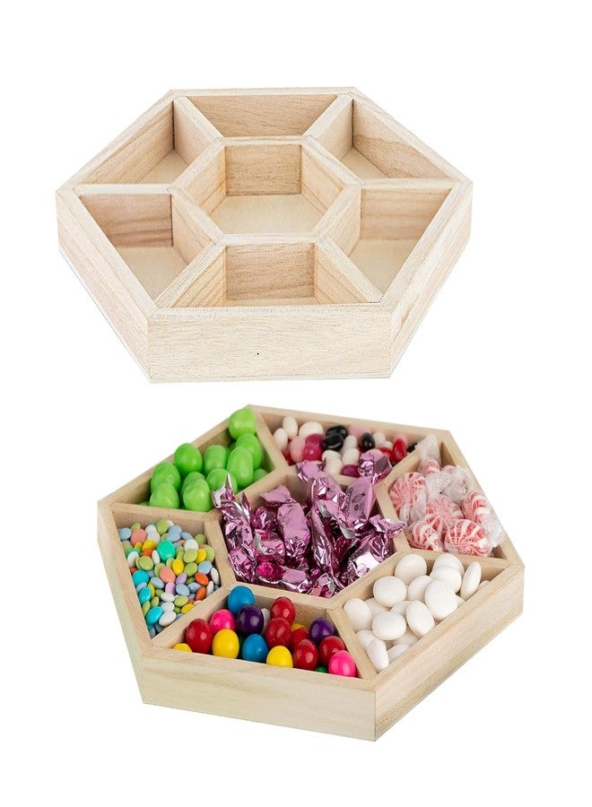 Hammont Hexagon Wooden Tray - 2-Pack - 10.5″ x 1″ - 7 Section Divided Serving & Snack Platter for Appetizers, Veggies, Montessori Activities - Image 1