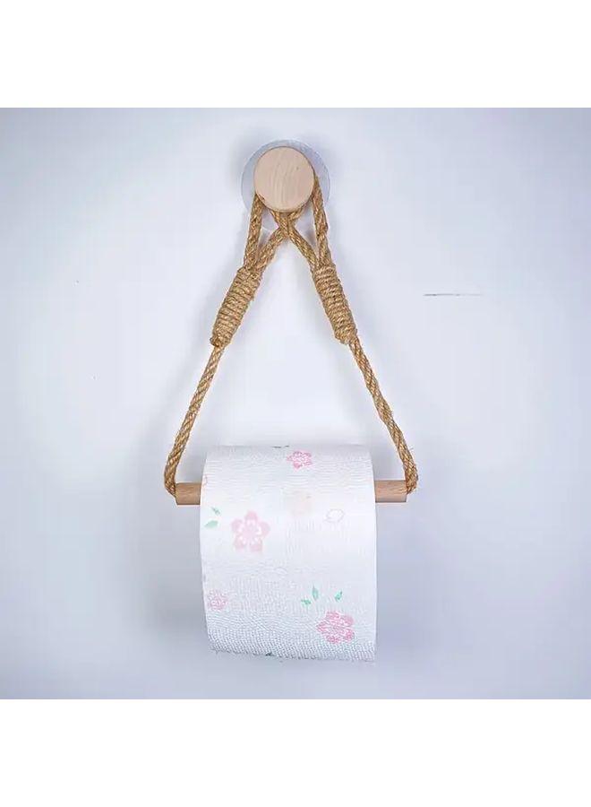 No Drill Self Adhesive Toilet Paper Holder With Natural Jute Rope And Solid Wood 1pc - Image 2