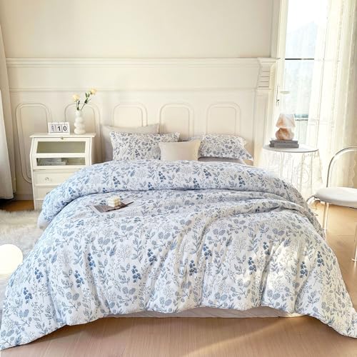 EAVD Blue Floral Comforter Set Full White Soft Microfiber Reversible Floral Bedding Set for Girls and 2 Pillowcases Vintage Garden Botanical Bedding Full Size Comforter Set for All-Season - Image 5