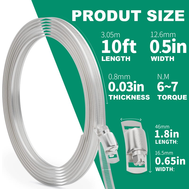 OURU 10FT Hose Clamps,304 Stainless Steel Hose Clamp Assortment Kit DIY Metal Strapping with Holes+8 Fasteners,Adjustable Worm Gear Large Hose Clamps Metal Band Screw Clamp Straps for Pipe,Duct,Tube - Image 2