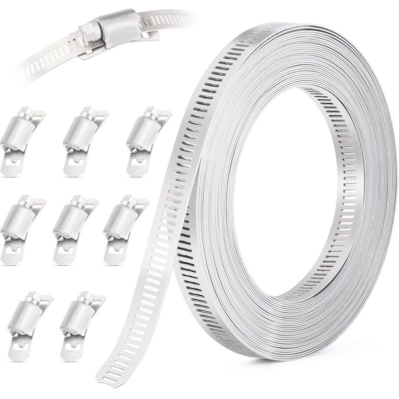 OURU 10FT Hose Clamps,304 Stainless Steel Hose Clamp Assortment Kit DIY Metal Strapping with Holes+8 Fasteners,Adjustable Worm Gear Large Hose Clamps Metal Band Screw Clamp Straps for Pipe,Duct,Tube - Image 1