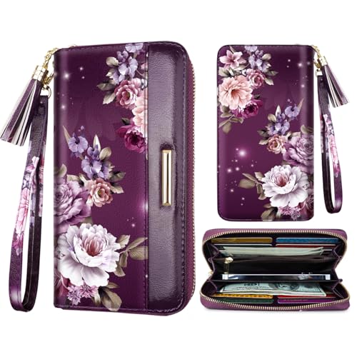 Coco Rossi Women Wallets Multi Card Case Wallet Clutch Wallet Card Holder Organizer Ladies Purse Floral Tassel Wrist strap Purse,Purple Flower - Image 1