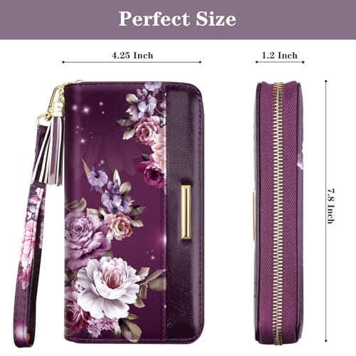 Coco Rossi Women Wallets Multi Card Case Wallet Clutch Wallet Card Holder Organizer Ladies Purse Floral Tassel Wrist strap Purse,Purple Flower - Image 5