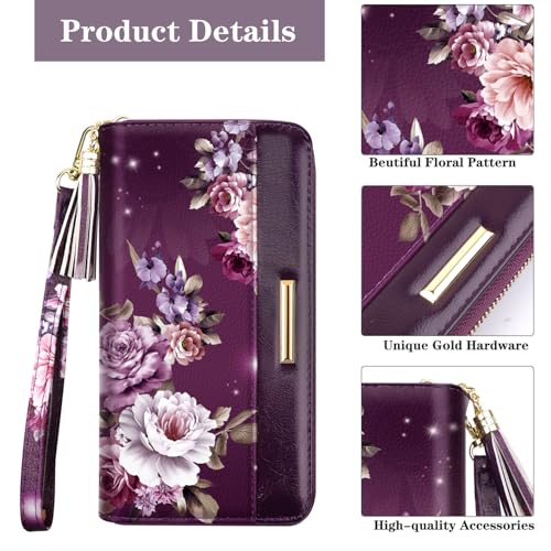 Coco Rossi Women Wallets Multi Card Case Wallet Clutch Wallet Card Holder Organizer Ladies Purse Floral Tassel Wrist strap Purse,Purple Flower - Image 3