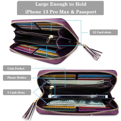 Coco Rossi Women Wallets Multi Card Case Wallet Clutch Wallet Card Holder Organizer Ladies Purse Floral Tassel Wrist strap Purse,Purple Flower - Image 2