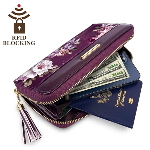 Coco Rossi Women Wallets Multi Card Case Wallet Clutch Wallet Card Holder Organizer Ladies Purse Floral Tassel Wrist strap Purse,Purple Flower - Image 4
