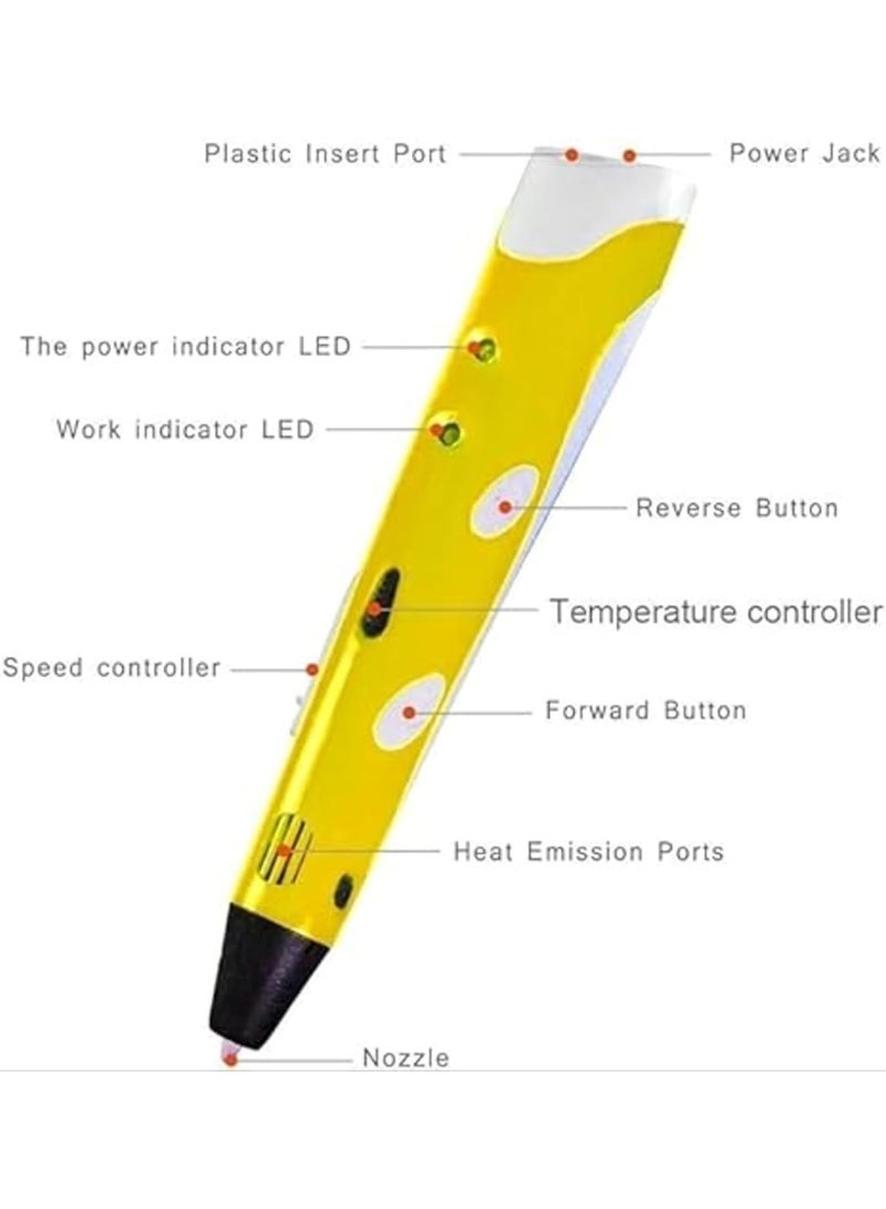 أكاليكس قلم طباعة ثلاثي الأبعاد متعدد الألوان مع شاشة LCD متوافق مع خيوط PLA/ABS مقاس 1.75 مم USB هدية مثالية للأطفال باللون الأصفر - Image 5