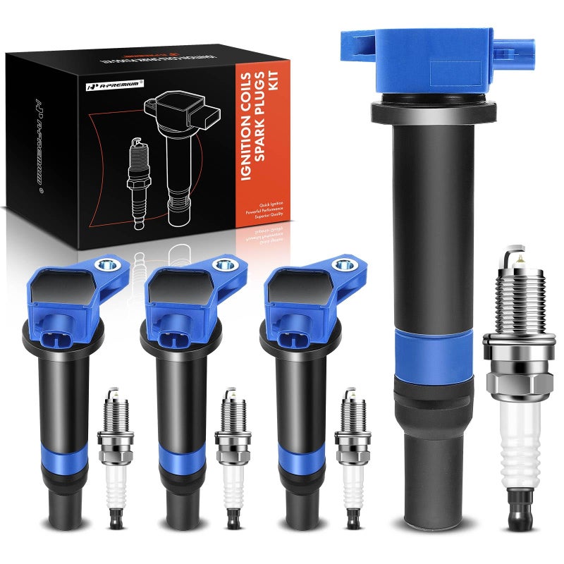A-Premium APremium Set of 4 Blue Ignition Coil Pack and Iridium Spark Plugs Compatible with Hyundai Accent 20062011 Kia Rio Rio5 20062011 14L 16L