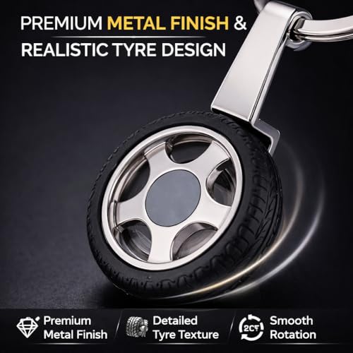 Giftana Tyre Keychain for Car, Key Chain Key Ring, Car Keychain, Keyring with Spinning Tyre Car Accessories Silver Metal Key chain Gift, Tyre Key Ring Key chains for Bike, Birthday Gifts (Pack of 1) - Image 2