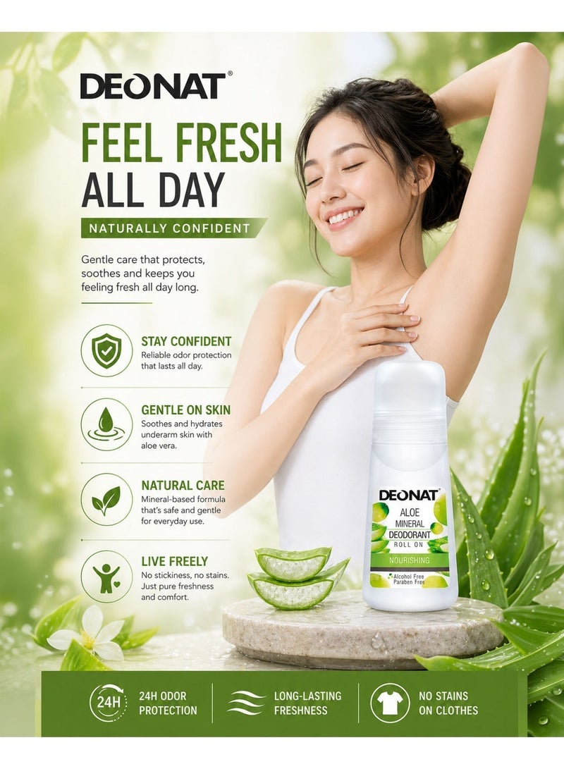 DEONAT Aloe Mineral Deodorant Roll On Nourishing with Aloe Vera Extract Hydrating Soothing Underarm Care Odor Protection Natural Mineral Deodorant Anti Bacterial Long Lasting Freshness Gentle Skin Care for Men and Women Daily Use Sensitive Skin 65 ml - Image 4