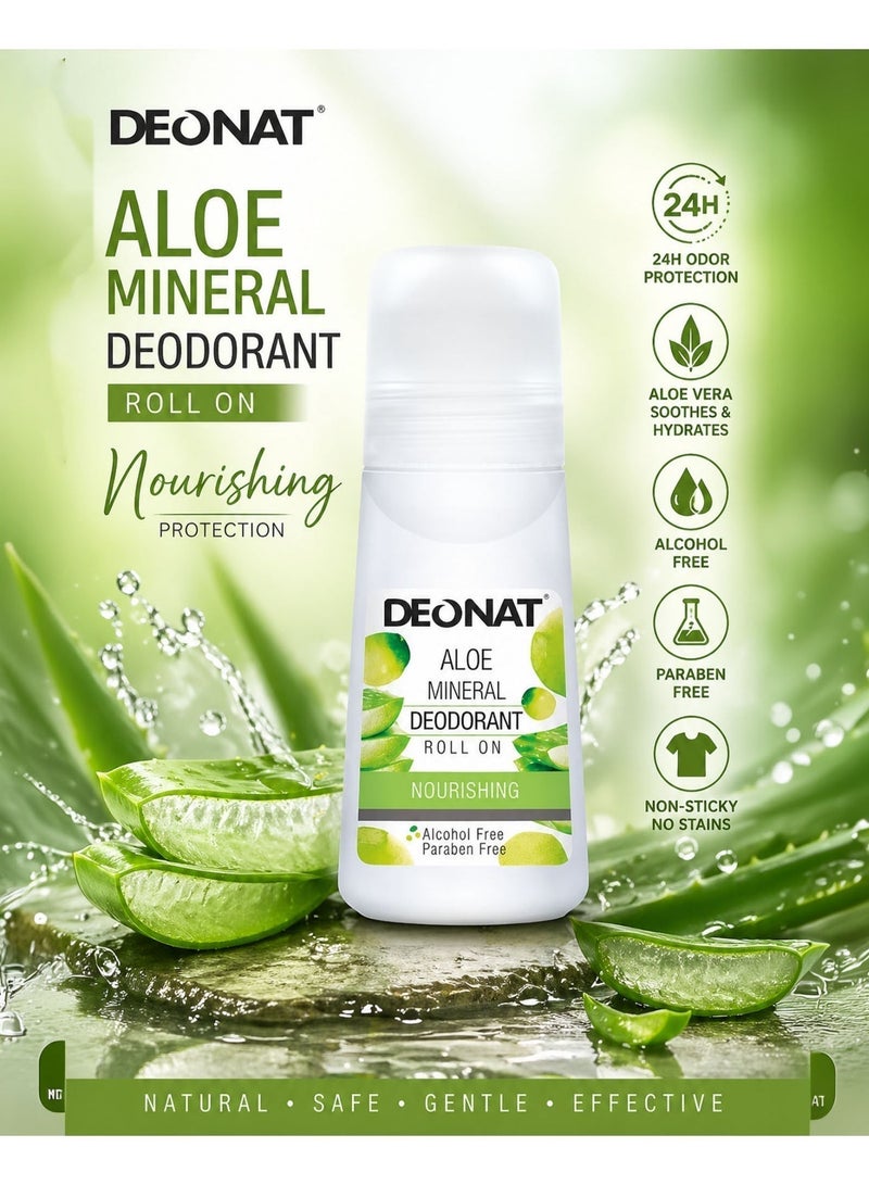 DEONAT Aloe Mineral Deodorant Roll On Nourishing with Aloe Vera Extract Hydrating Soothing Underarm Care Odor Protection Natural Mineral Deodorant Anti Bacterial Long Lasting Freshness Gentle Skin Care for Men and Women Daily Use Sensitive Skin 65 ml - Image 1