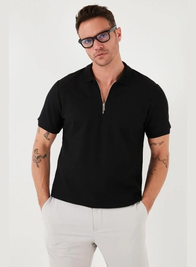 بوراتي تيشيرت بولو رجالي قطن بياقة بولو بسحاب مقاس عادي