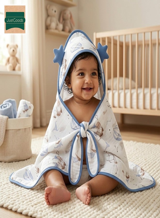 JUST GOODS Muslin Hooded Baby Towel (Blue, Muslin Hooded Baby Towel – Soft & Breathable Cotton, RED Color) - Image 2