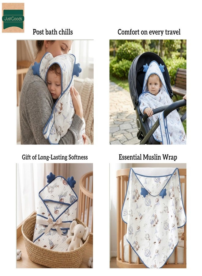 JUST GOODS Muslin Hooded Baby Towel (Blue, Muslin Hooded Baby Towel – Soft & Breathable Cotton, RED Color) - Image 3