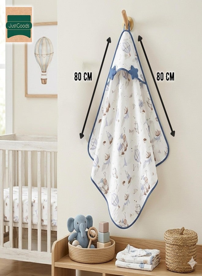 JUST GOODS Muslin Hooded Baby Towel (Blue, Muslin Hooded Baby Towel – Soft & Breathable Cotton, RED Color) - Image 4