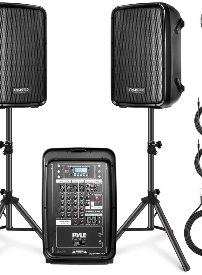 Pyle PA Speaker DJ Mixer Bundle - 300 W Portable Wireless Bluetooth Sound System w/USB SD XLR 1/4" RCA Inputs - Dual Speaker, Mixer, Microphone, Stand, Cable - Home/Outdoor Party - PPHP28AMX,Black - Image 1