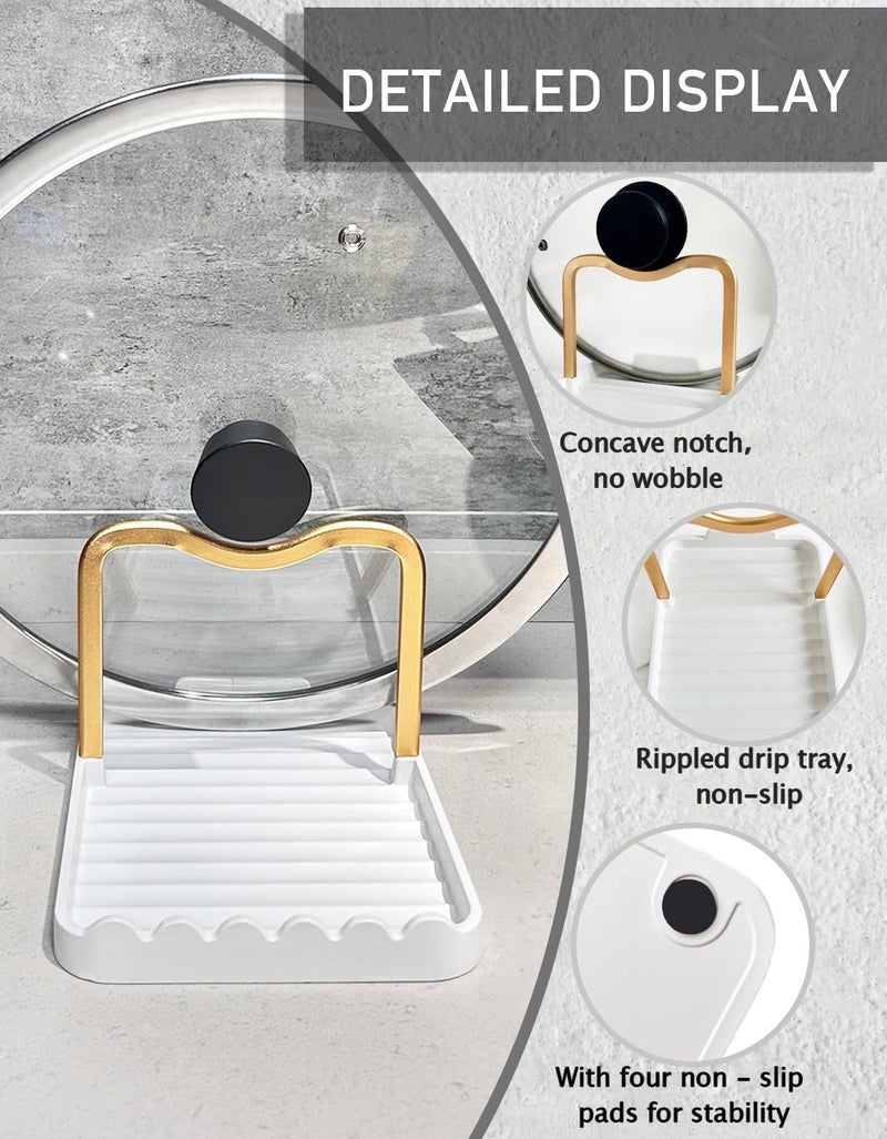CHANNICORNER Anti-Rust Metal Spoon Rest with Lid Holder, Heat-Resistant Pot Lid Rest, Multifunctional Spatula Holder While Cooking for Stovetop and Kitchen Counter â€“ Gold White - Image 5