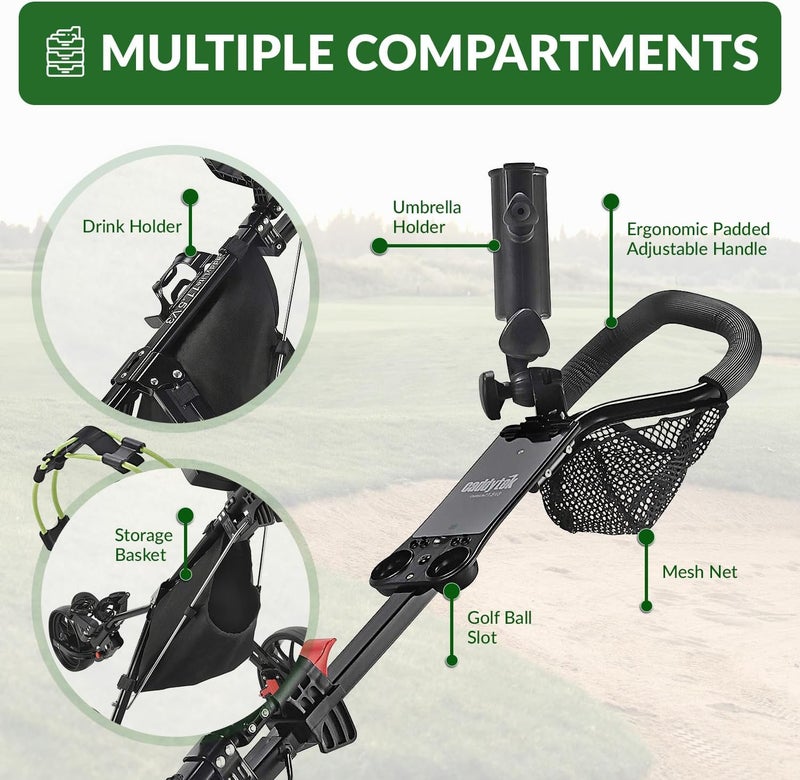 Caddytek CaddyLite 11.5 V3 Golf Push Cart - Lightweight Aluminum 3-Wheel Foldable Golf Bag Cart with Quad-Fold Frame, EVA Wheels, Adjustable Handle, Foot Brake, Mesh Net, Umbrella & Drink Holder - Image 3