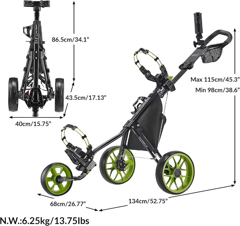 Caddytek CaddyLite 11.5 V3 Golf Push Cart - Lightweight Aluminum 3-Wheel Foldable Golf Bag Cart with Quad-Fold Frame, EVA Wheels, Adjustable Handle, Foot Brake, Mesh Net, Umbrella & Drink Holder - Image 2