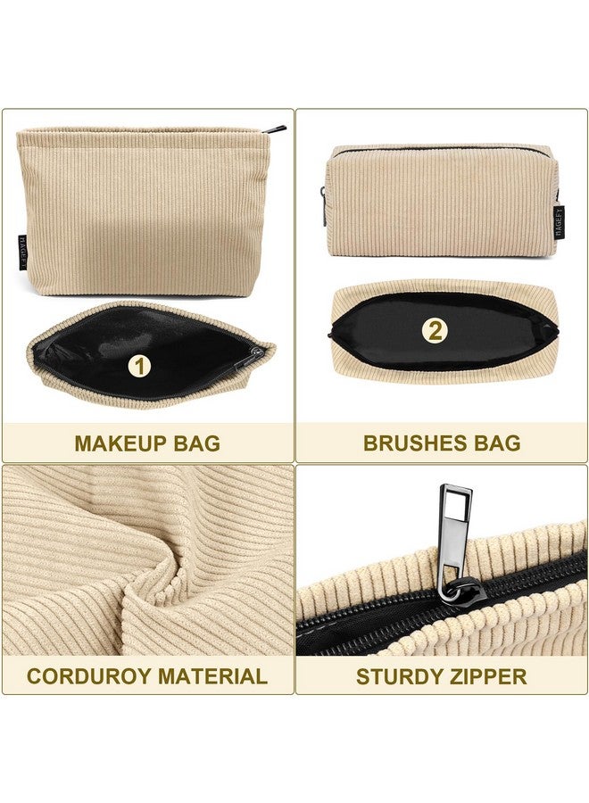 MAGEFY Small Makeup Bag 2 Pcs Corduroy Make Up Bag For Purse Large Capacity Travel Cosmetic Bag For Women Zipper Makeup Pouch For Travelling Preppy Stuff Beige - Image 4