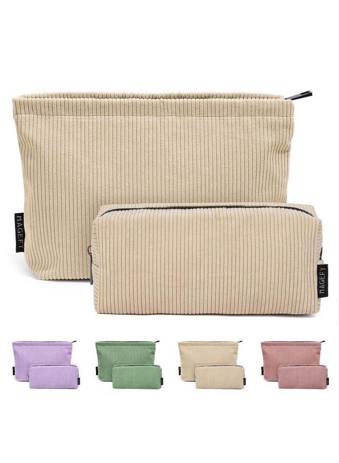 MAGEFY Small Makeup Bag 2 Pcs Corduroy Make Up Bag For Purse Large Capacity Travel Cosmetic Bag For Women Zipper Makeup Pouch For Travelling Preppy Stuff Beige - Image 1