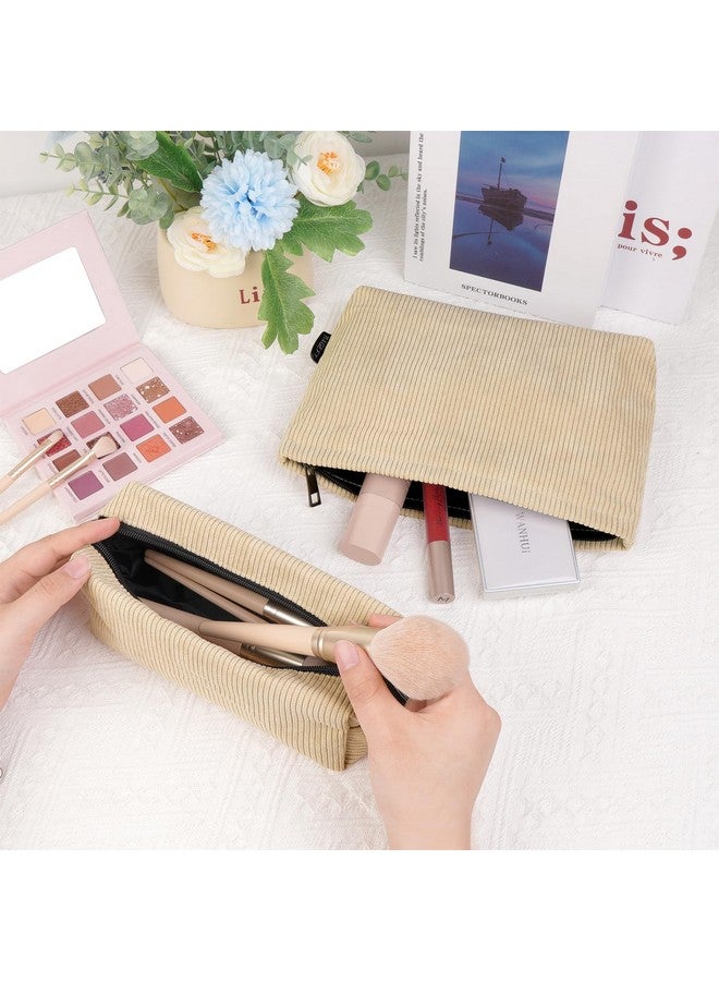 MAGEFY Small Makeup Bag 2 Pcs Corduroy Make Up Bag For Purse Large Capacity Travel Cosmetic Bag For Women Zipper Makeup Pouch For Travelling Preppy Stuff Beige - Image 5