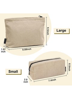 MAGEFY Small Makeup Bag 2 Pcs Corduroy Make Up Bag For Purse Large Capacity Travel Cosmetic Bag For Women Zipper Makeup Pouch For Travelling Preppy Stuff Beige  - Image 3