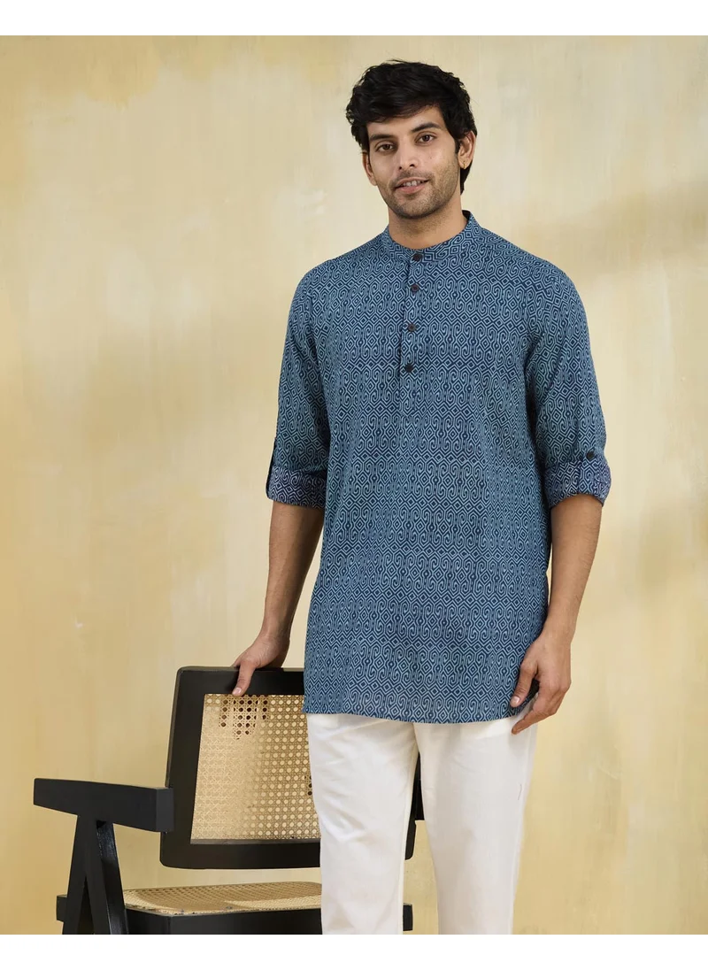 فاب انديا Blue Cotton Hand Block Printed Slim Fit Short Kurta