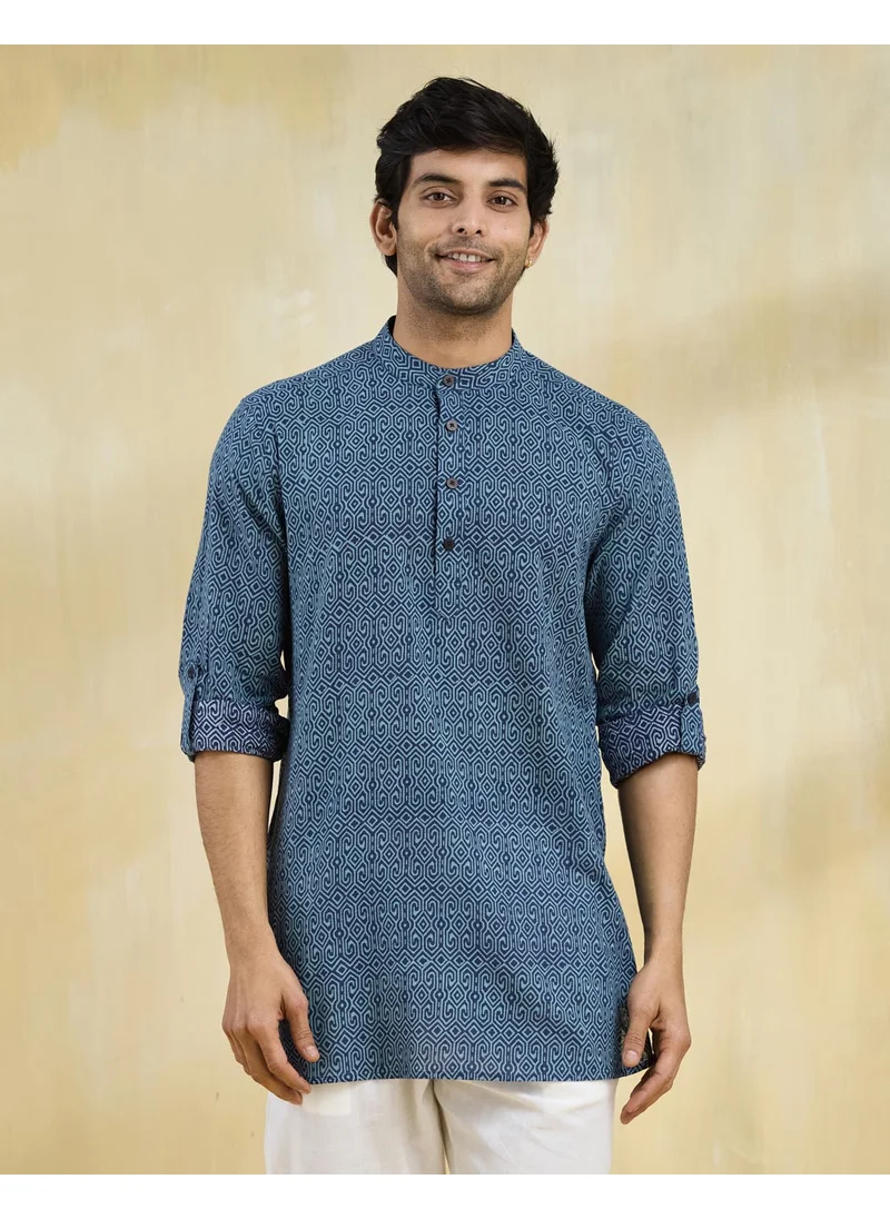 فاب انديا Blue Cotton Hand Block Printed Slim Fit Short Kurta