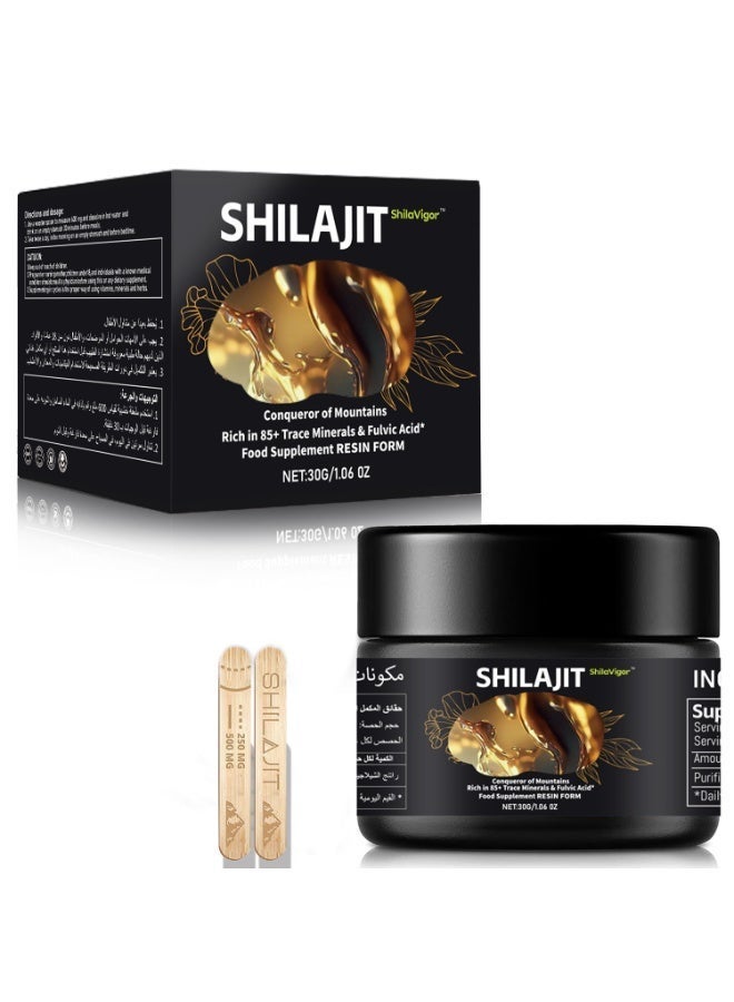 قوي شيلافيغور شيلاجيت نقي من جبال الهيمالايا 30 غرام | مُختبر مخبريًا وبدون سكر مضاف | يحتوي على حمض الفولفيك و+85 من المعادن النزرة للرجال | غير معدل وراثيًا، 100٪ طبيعي وعضوي | معتمد من SASO - Image 1