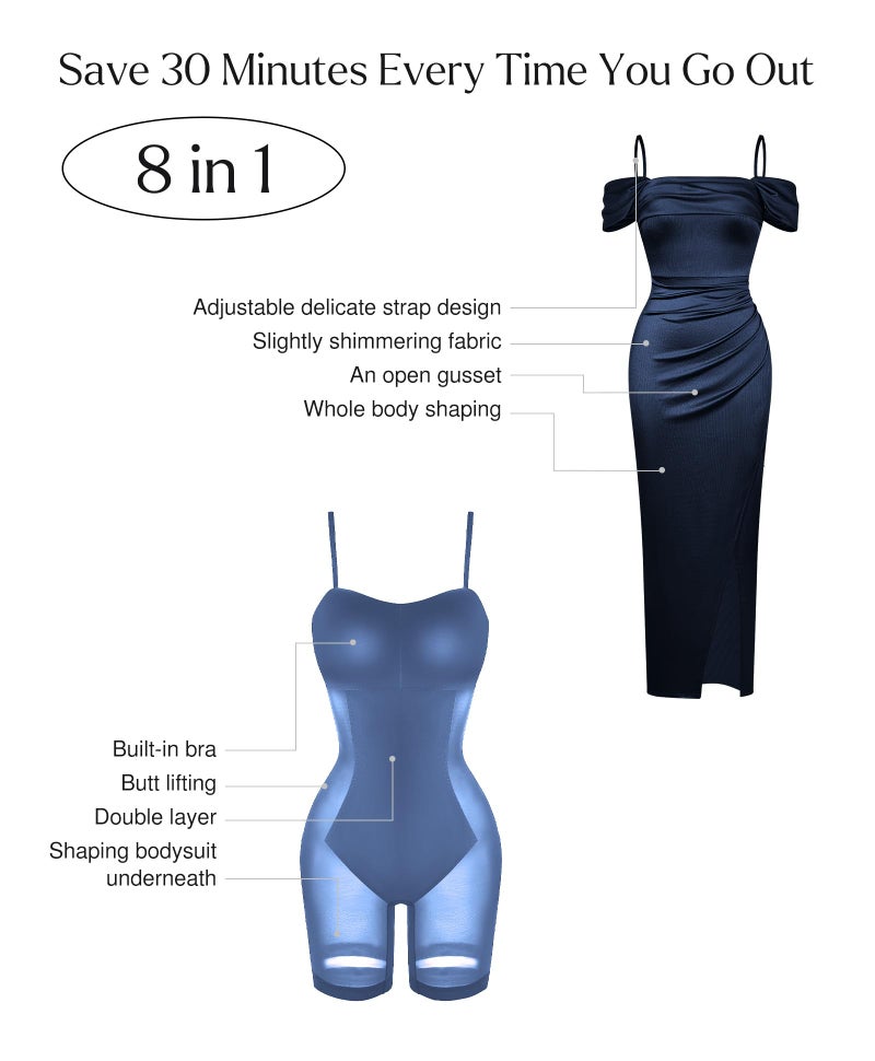 Popilush Cocktail Dresses for Women Built-in Shapewear Off the Shoulder Formal Evening Party Wedding Guest Maxi Dress Navy Blue - Image 4