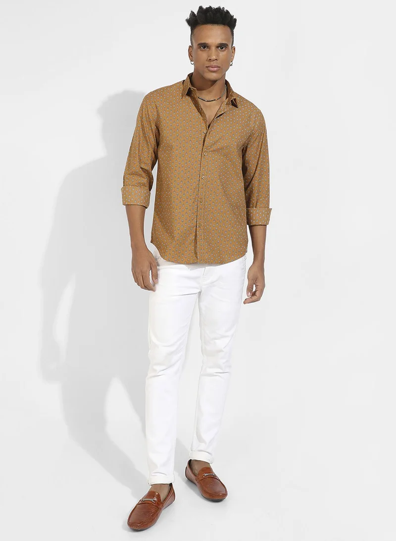 Campus Sutra Men's Tan Brown Micro Flower Shirt