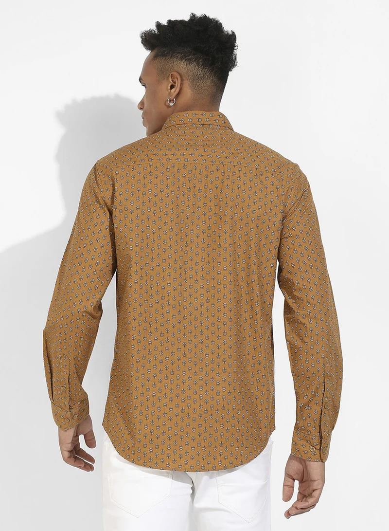 Campus Sutra Men's Tan Brown Micro Flower Shirt