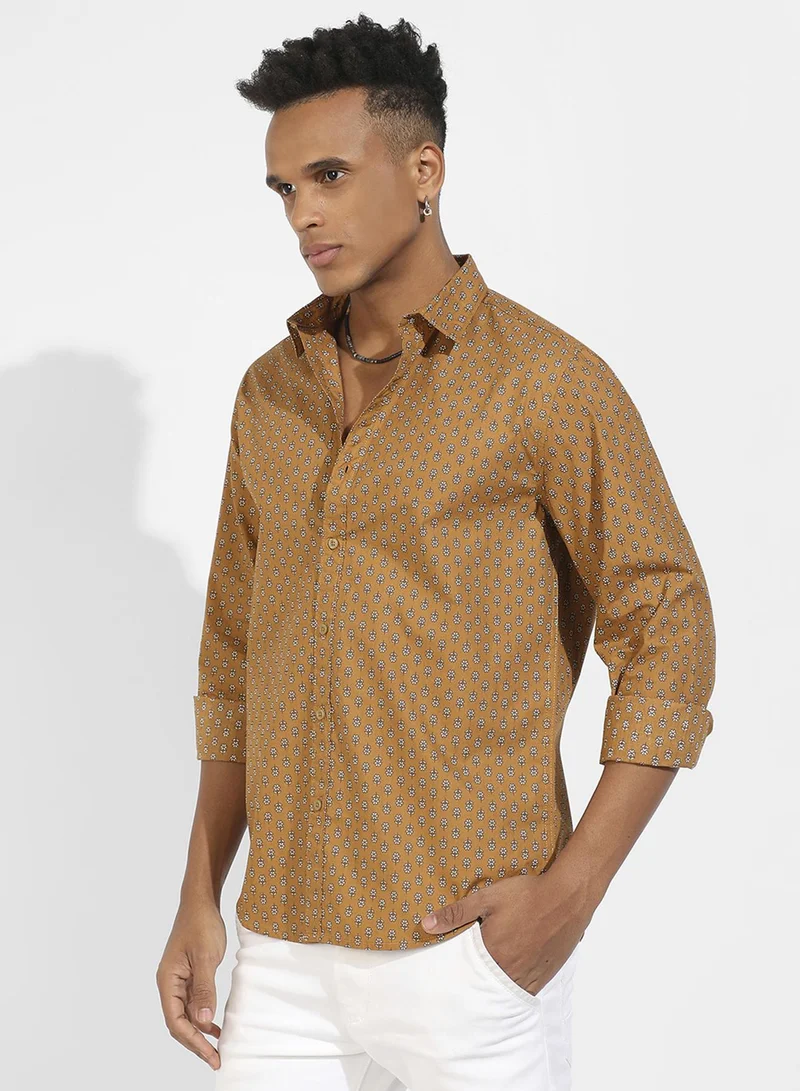 Campus Sutra Men's Tan Brown Micro Flower Shirt