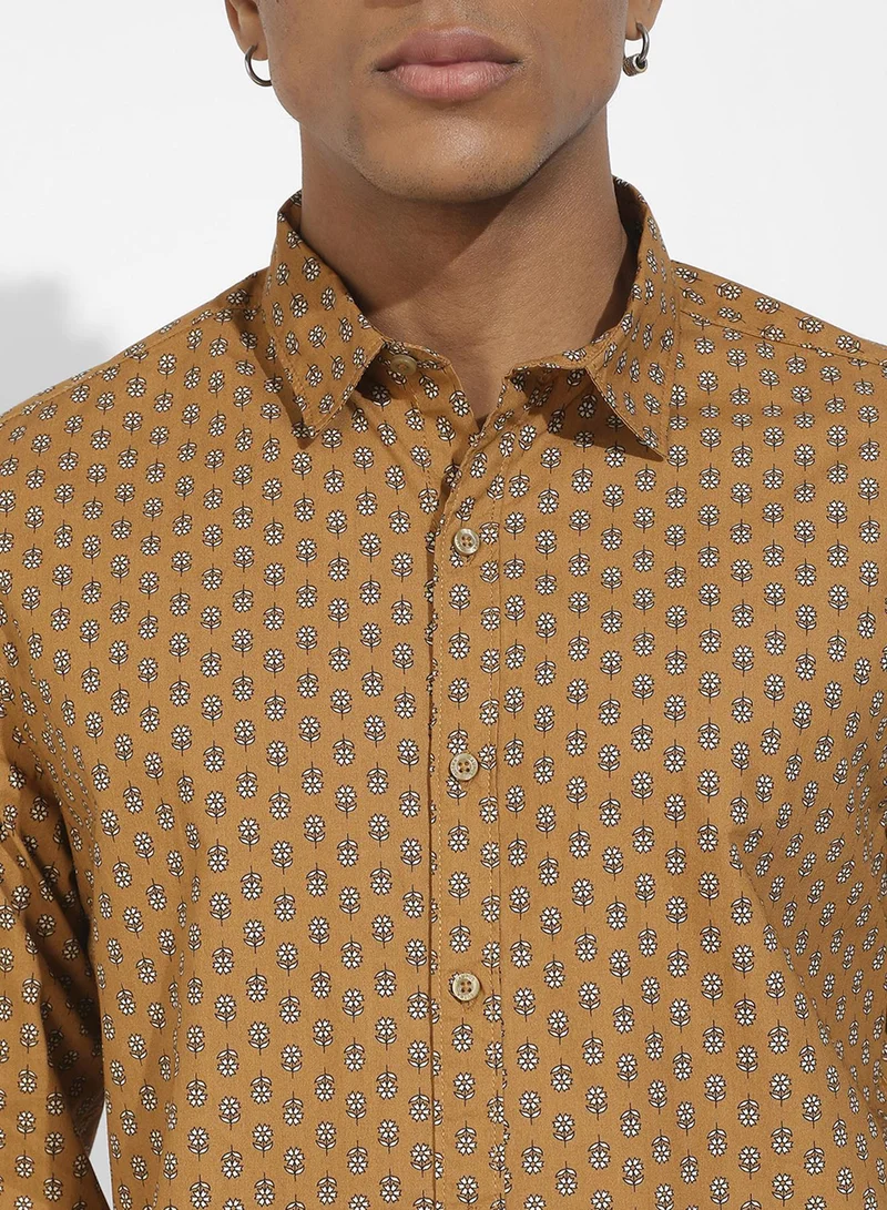 Campus Sutra Men's Tan Brown Micro Flower Shirt