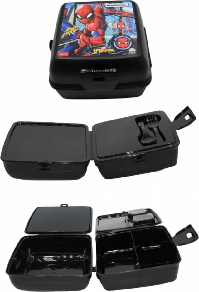 بييف 2 Compartment Locking Spiderman Lunch Box with Fork and Spoon Black