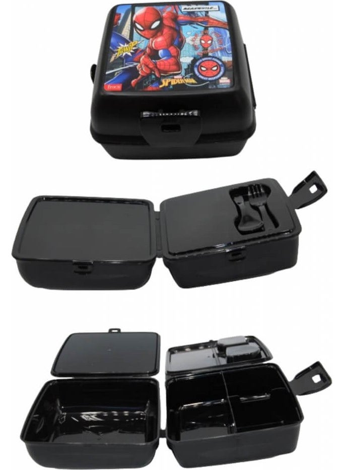 Piev - 2 Compartment Locking Spiderman Lunch Box with Fork and Spoon Black - Image 1