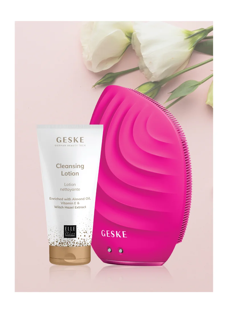 GESKE Cleansing Lotion, Almond Oil, Hazel Extract & Vitamin E, Deep Cleanse, Exfoliate & Nourish + Sonic Facial Brush 5 in 1, Complete Skincare Set for Radiant, Healthy Skin (Combo Pack)- Magenta