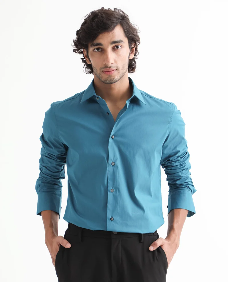 Rare Rabbit Rare Rabbit Men's Neutronss Petrol Cotton Polyester Fabric Full Sleeves Solid Shirt