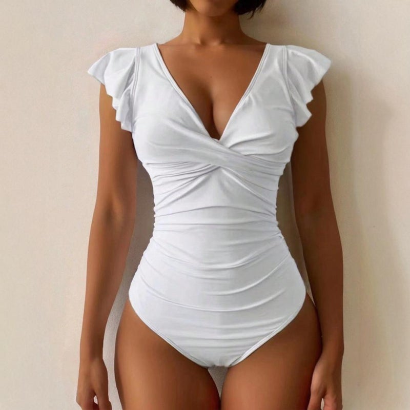 2024 Bikini Swimsuit Solid Color V-Neck Ruffled Backless Slimming Swimsuit - Image 4