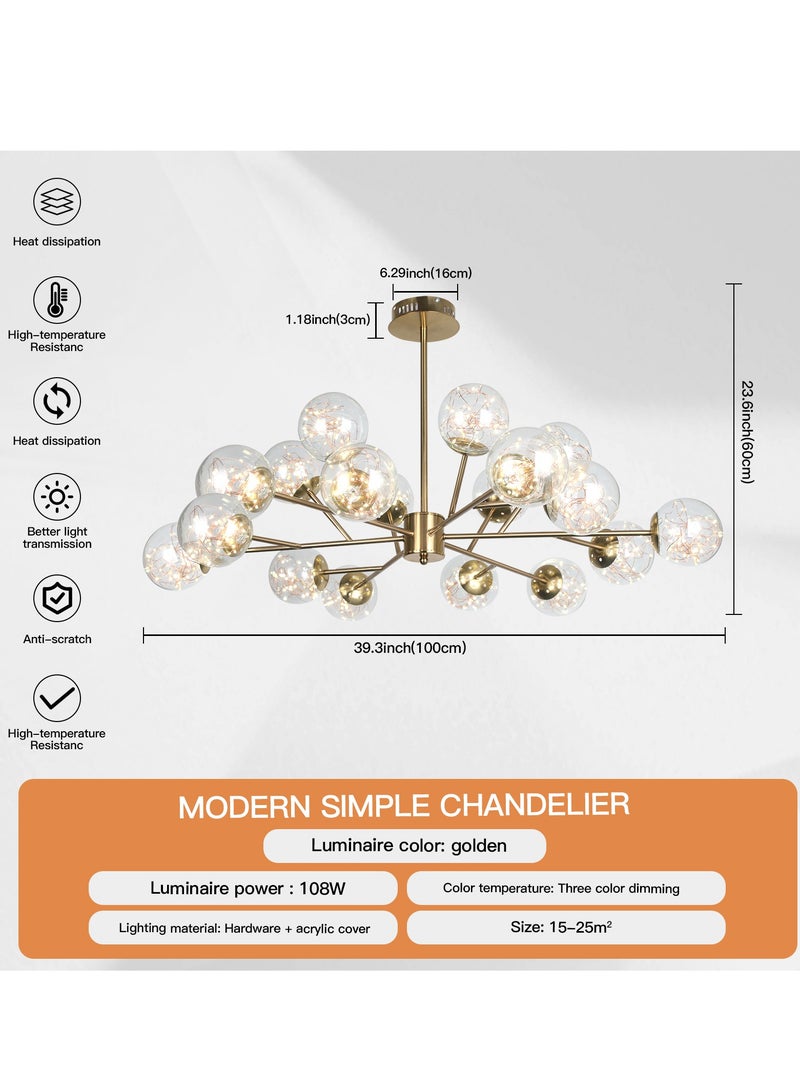YATAI LIGHTING 18-Light Gold Sputnik Chandelier, Modern LED Sputnik Pendant Chandelier, Modern Spherical Glass Pendant Light Fixture for Living Room Bedroom Hallway,108W  - Image 3