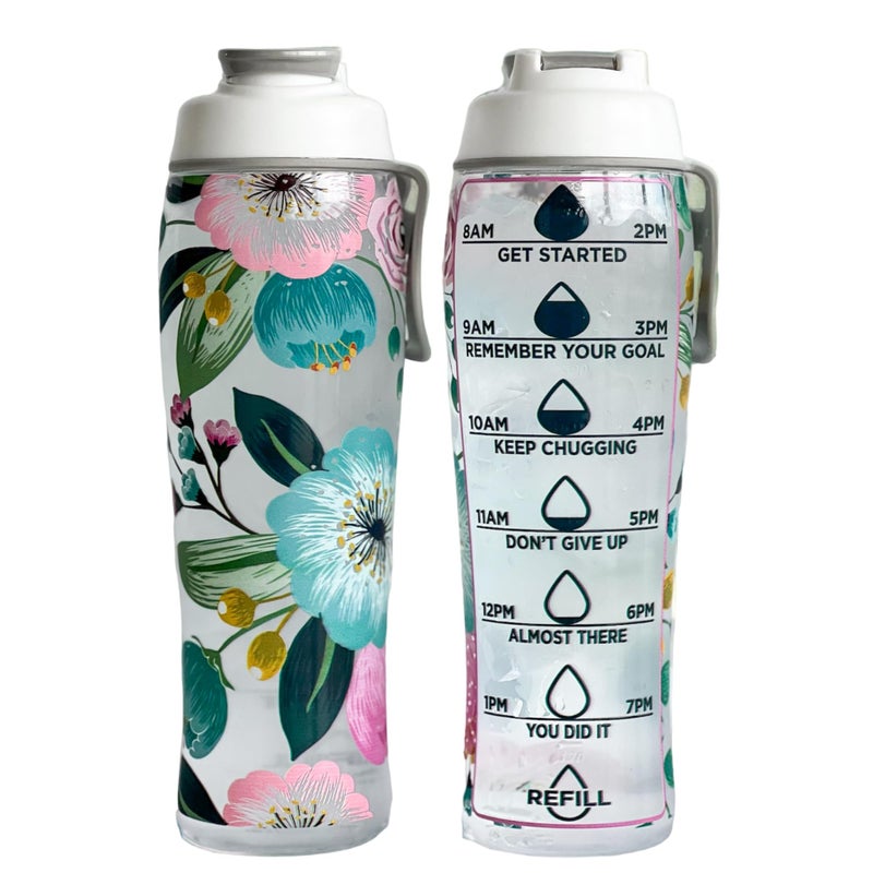 50 Strong Reusable Water Bottle with Time Markers – 30 oz BPA-Free Leakproof Bottle with Chug Cap & Easy-Carry Handle – Made in USA (Pretty Flowers) - Image 1