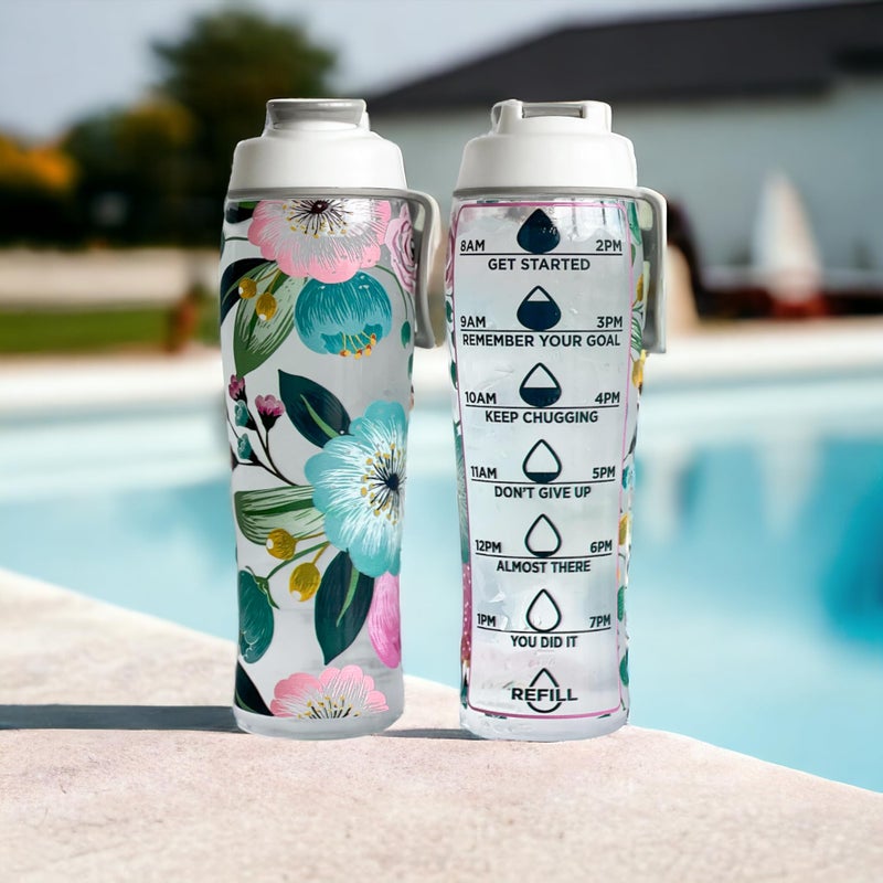 50 Strong Reusable Water Bottle with Time Markers – 30 oz BPA-Free Leakproof Bottle with Chug Cap & Easy-Carry Handle – Made in USA (Pretty Flowers) - Image 2