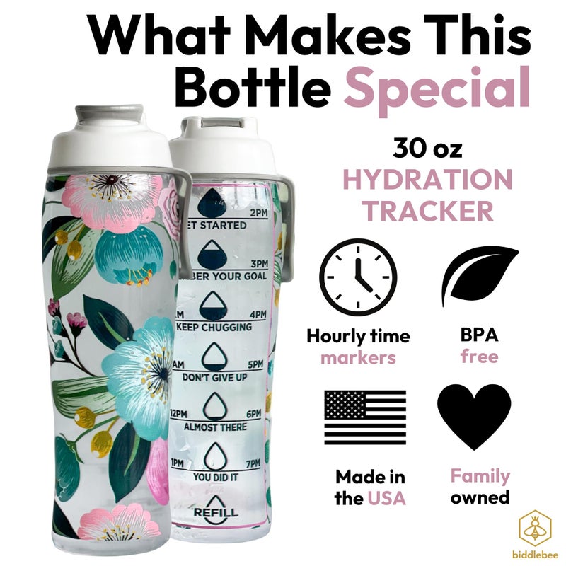 50 Strong Reusable Water Bottle with Time Markers – 30 oz BPA-Free Leakproof Bottle with Chug Cap & Easy-Carry Handle – Made in USA (Pretty Flowers) - Image 3