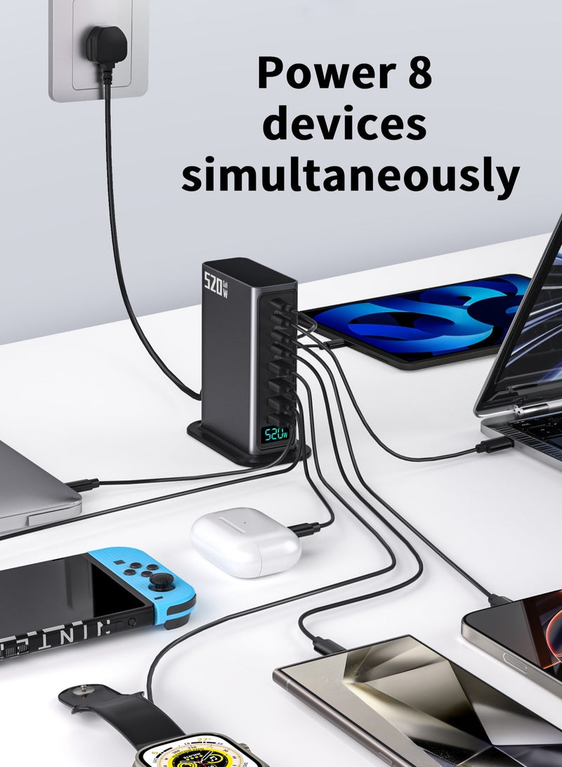 Jourvent 520W GaN Desktop Charging Station, 8-in-1 USB C Fast Charger with LED Real-time Power Display, 4x 100W PD & 4x 30W QC Ports for MacBook Pro/Air, iPad, iPhone 15/14, Samsung Galaxy, Steam Deck, Laptops & More - Image 2